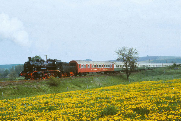 Sonderfahrt mit dem " Rollwagen " ( Baureihe 38 205 ): Aufgenommen bei Langenwolmsdorf (Strecke Pirna-Neustadt/ Sa.) am 24. Mai 1987. Foto: Archiv Uwe Schmidt