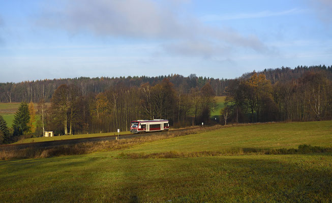 Etwa ein Jahr lang wird er zu Gast sein, Grund sind die anstehenden Untersuchungen aller Desiros der Städtebahn. Hier wieder bei Krumhermsdorf in Richtung Sebnitz, Ende November.