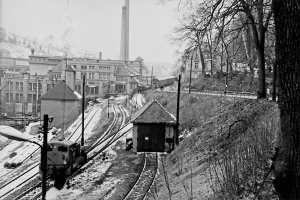 Bis zum Ende des zweiten Weltkrieges war hier die Sebnitzer Papierfabrik ansässig. Blick auf die Gleisanlagen des Betriebes mit Werkslok der Baureihe 101.