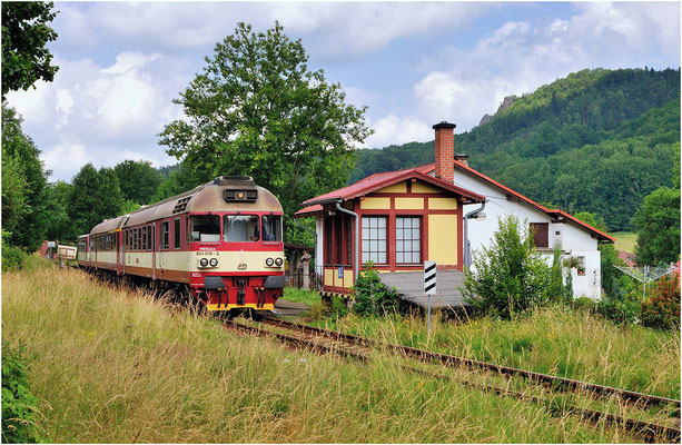 854 016-3 auf dem Weg von Decin nach Dolni Poustévna an der Bahnstation von Horní Kamenice mit kleinem Stellwerk. Der Anschluss in die nur wenige Meter entfernte Papierfabrik ist längst stillgelegt, die Gleise verstecken sich unter dem hohen Gras.06.07.13