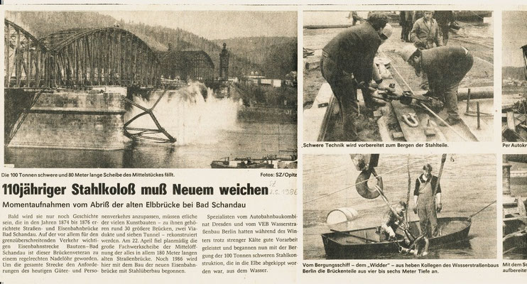 Ausschnitt der Sächsischen Zeitung am 02.05.1986 zum Abriss der alten Elbbrücke bei Bad Schandau. Danke an Lutz Morgenstern!