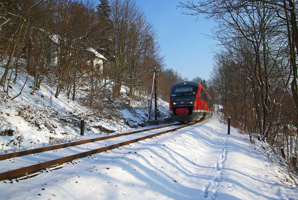 2 Tage später: Noch immer - 14°C aber wenigstens Kaiserwetter, RB 17118 kurz hinter Tunnel 7 nach Sebnitz Richtung Bad Schandau, 20.12.09