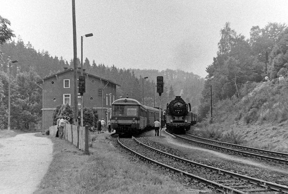 50 3616 mit ihrem Sonderzug in Ulbersdorf, links ein Personenzug mit Leipziger Steuerwagen. 