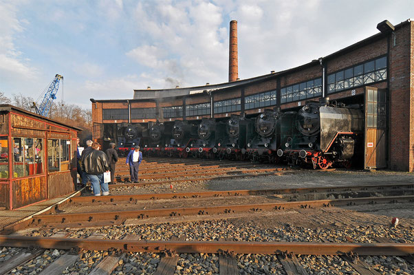 Am Abend versammeln sich die Loks im Ringlokschuppen. Dresdner Dampfloktreffen 2010.