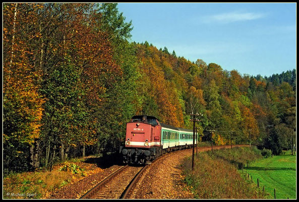 202 791 rollt am 21. Oktober 2000 durch das herbstliche Sebnitztal oberhalb Goßdorf talwärts. Foto: Archiv Michael Sperl