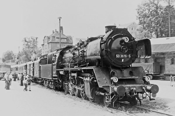 50 3616 mit Sonderzug im Güterabfertigungsgelände des Sebnitzer Bahnhofs. 