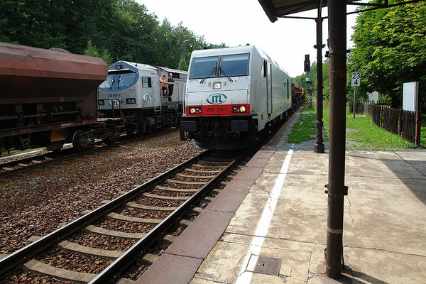 Strecke Bautzen-Neustadt: Güterzugbegegnung mit Lok 250 007 , 285 106 und 285 103 (nicht im Bild) am 4. August 2010 im Bahnhof Neukirch (Lausitz) West. Foto: Thomas Lange