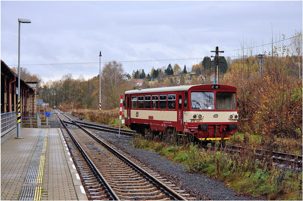 03.11.2013: Gleisbau in Sebnitz (im Hintergrund zu sehen) und Weicheneinbau im Bahnhof Sebnitz sind fertig gestellt. In Dolni Poustévna hat 810 165-1 Platz gemacht für den gleich von Decin einfahrenden Regio Shark. 