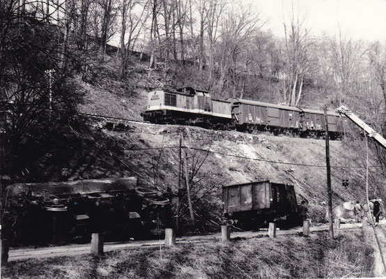 Das Gleis ist repariert, ein Güterzug mit V100 passiert die Unfallstelle in Richtung Bad Schandau. Foto: Archiv Sven Kasperzek.