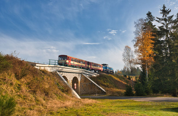 714 202-9 mit dem Deciner Touristenzug Decin - Mikulášovice dolní nádraží bei Dolní Falknov, Oktober 2022.