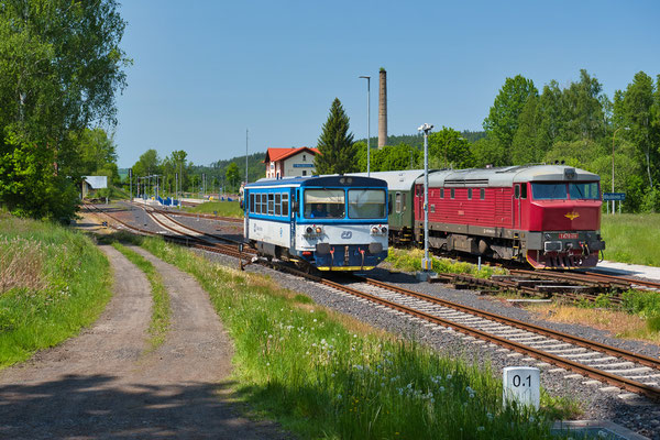 810 549-6 Mikulášovice dolní nádraží - Rumburk, daneben T478 1215 mit dem Lužickohorský rychlík in der Mittagspause, Mai 2023.