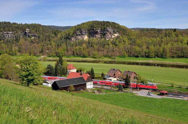S1 Meißen-Schöna mit BR 143 bei Rathen, April 2014.