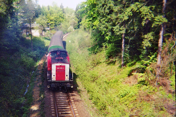 Und noch eine Regionalbahn von Neukirch kommend Richtung Neustadt mit der damals bei Fotografen recht unbeliebten Lackierung an der V 100. 1999, Foto: Pierre Güttler