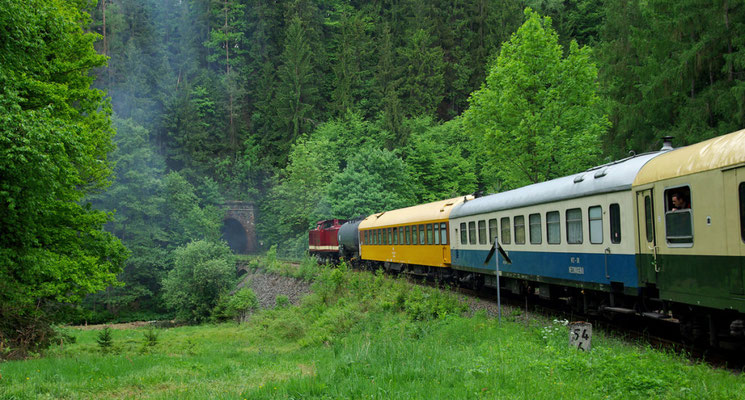 BR 112 331-4 der OSEF bei Ulbersdorf - so eine bunte Zusammenstellung hat es wohl früher nicht gegeben( Sonderfahrten zum Fest 675 Jahre Neustadt in Sachsen, Mai 2008 )