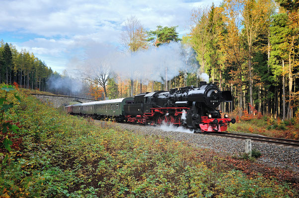 52 8131 mit einem Sonderzug nach Liberec in Tschechien, hier in der Steigung zwischen dem Putzkauer Viadukt und Neukirch. 26.10.13