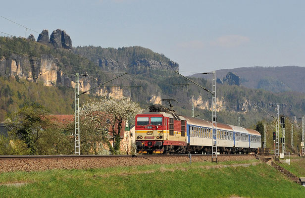 Auch die Rückleistung des Elbe-Labe-Sprinters mit 371 005 nach Bad Schandau wurde an diesem Tag erwartet. Krippen, April 2010.