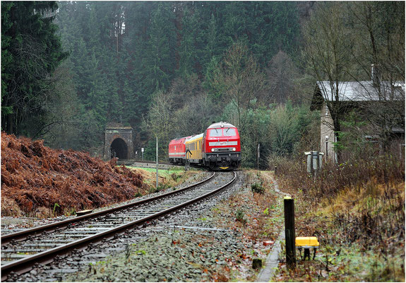 Messzug Bad Schandau-Sebnitz-Dolni Poustévna-Bad Schandau. Eine Baureihe 218 gab es auf der Sebnitztalbahn noch nie zu sehen, 218 390-3 und 229 173 befinden sich hier an der beliebten Fotostelle am Tunnelausgang bei Ulbersdorf Richtung Sebnitz. 11.12.13