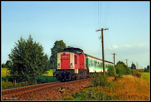 202 454 mit RegionalBahn bei Krumhermsdorf im letzten Abendlicht des 16. August 2000. Noch gibt es die klassische Telegrafenleitung... Foto: Archiv Michael Sperl