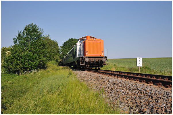 Nachdem in Neustadt die Fahrtrichtung gewechselt wurde geht es nun nach Pirna, hier ca. 2km vor dem BÜ Langenwolmsdorf. 03.06.11, 18:11 Uhr