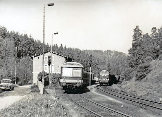 119 154 mit Güterzug nach Neustadt - Bautzen (?) in Ulbersdorf, links ein Personenzug mit Steuerwagen. 