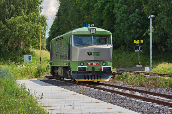 751 115-7 von KDS weilte im Juni 2021 in Mikulášovice dolní nádraží und wurde am Schwellenzug für die Bauarbeiten am Viadukt bei Vilémov eingesetzt.