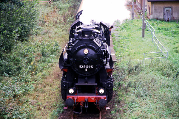 Sonderzug mit 52 8141-5 am Haltepunkt Krumhermsdorf, Foto: Jürgen Vogel 1996