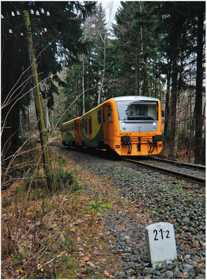 Kurz darauf folgt 914 126-8 / 814 126-9, hier im Wald bei Vilémov. Beide Triebwagen treffen sich dann in Dolní Poustévna. 24.11.2012