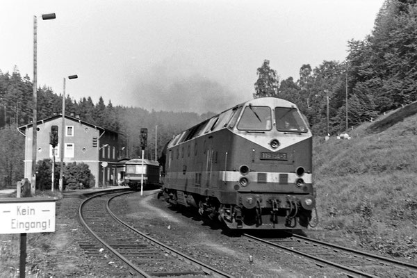 119 154 mit Güterzug nach Neustadt - Bautzen (?) in Ulbersdorf. Ausfahrt in Richtung Sebnitz. 