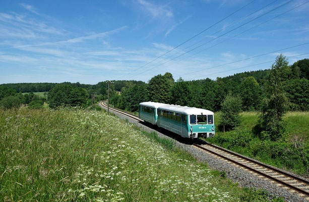 Sonderzug durch die Sächsische Schweiz der OSEF, hier kurz vor dem Haltepunkt Krumhermsdorf ( das letzte Foto eines Sonderzuges mit Telegrafenmasten an dieser Stelle ), 13.06.09