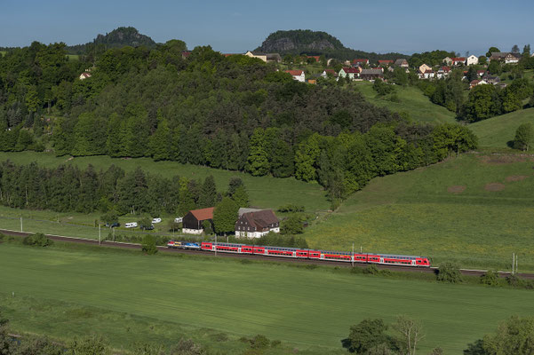 Werbe-Taurus des VVO mit der S1 Meißen-Schöna bei Rathen / Strand. Mai 2014.