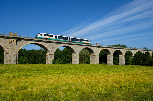 Trilex-Desiro der Vogtlandbahn von Dresden nach Zittau auf dem Putzkauer Viadukt, Juni 2015.