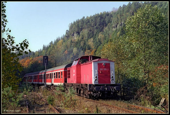 202 535, die in dieser orientroten Farbgebung von der Fa. BRAWA auch ins Modell umgesetzt wurde, erreicht mit ihrer RegionalBahn vor den Sandsteinfelsen des Sebnitztals den Bf.Goßdorf-Kohlmühle am 21.Oktober 2000. Foto: Archiv Michael Sperl