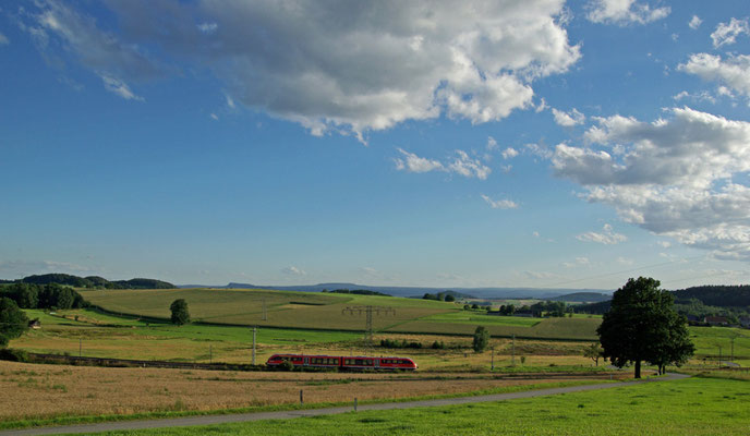 Dieser herrliche Blick auf die Sebnitztalbahn bietet sich von der Aussicht " Elsaß Ruh " bei Krumhermsdorf, Juli 2009