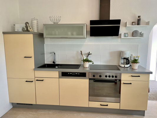Gut ausgestattete Küche mit Geschirrspüler, Backofen und Kühlschrank mit Gefrierfach 