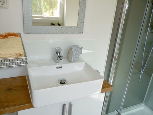 Helles Tageslichtbad mit Dusche, WC und Waschbecken