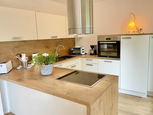 Gut ausgestattete Küche mit Backofen, Geschirrspüler, Mikrowelle, Kühlschrank mit Gefrierfach 