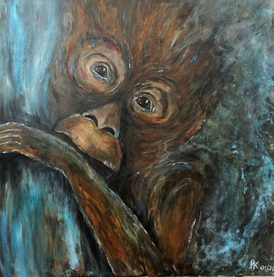 Das Affenkind - Acryl-Oxidationstechnik 80 x 80 x 1,5 cm (2021) verkauft