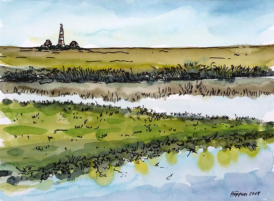 Priel vor Westerhever Leuchtturm, Aquarell-Inky-Skizze