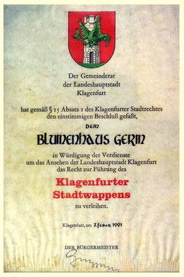 1991 Stadtwappen Urkunde