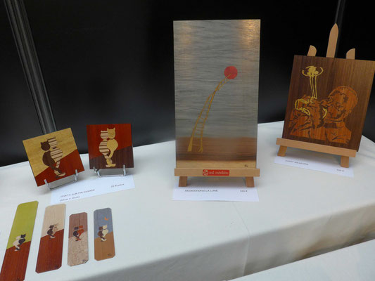 Stand de l'atelier de marqueterie Eclats de Bois : Novembre 2016  - Salon De L'Artisanat de Valence - tableaux et marque-page