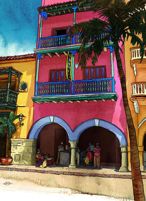 Benjamin von Eckartsberg - Editorial-Illustration: Oldtown in Cartagena, Kolumbien - Kunde: AIDA CRUISES Kundenmagazin