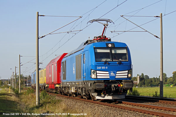 248 105 und 248 106 sind am 11.09.2023 mit einem Messzug im Rhein-Main-Gebiet unterwegs. Am Nachmittag steht das Befahren der Rodgau-S-Bahn bei Hainhausen auf dem Plan.