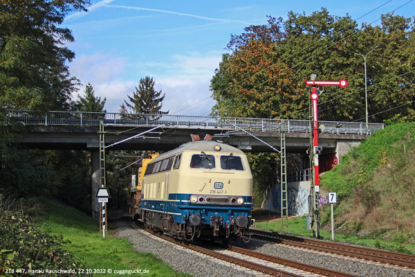 218 447 von RP Railsystems ist am 22. Oktober 2022 unterwegs nach Babenhausen, hier am Abzweig Rauschwald.