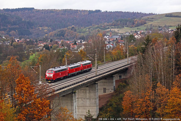 Nachdem 218 406 in Niebüll neue Achsen bekommen hat, fährt sie am 12.11. als Tfzf 71447 gemeinsam mit 218 414 und 409 bei Mittelsinn über die Schnellfahrstrecke heim nach Kempten im Allgäu.