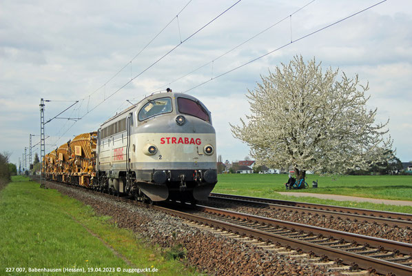 Strabag schickte ihre Nohab 227 007 am 19.04.2023 von Darmstadt aus auf die Piste, hier in Babenhausen.
