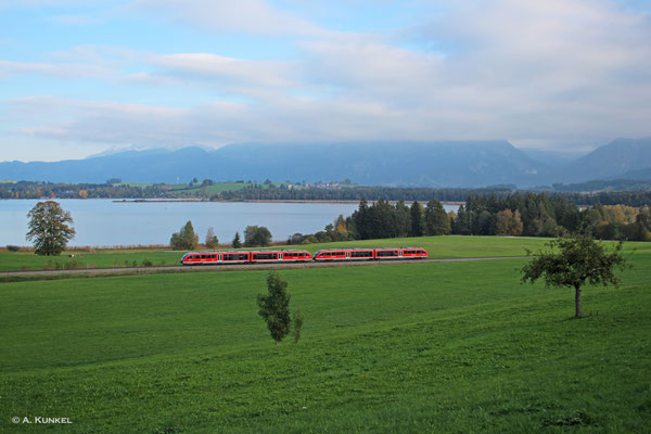 Als am 09. Oktober 2018 das Desiro-Doppel 642 217 und 642 084 als RB 57352 bei Reinertshof am Hopfensee entlang rollt, haben sich die Berge nach einem herrlichen Tag leider etwas versteckt.