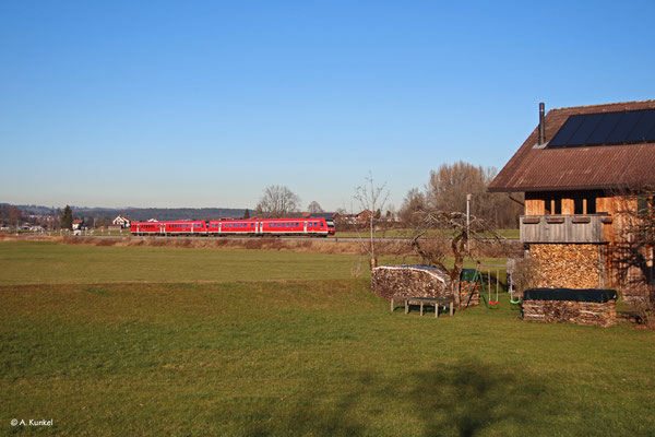 RE 3289/3389 am 2 Januar 2020 auf dem Weg nach Augsburg in Stein bei Immenstadt.