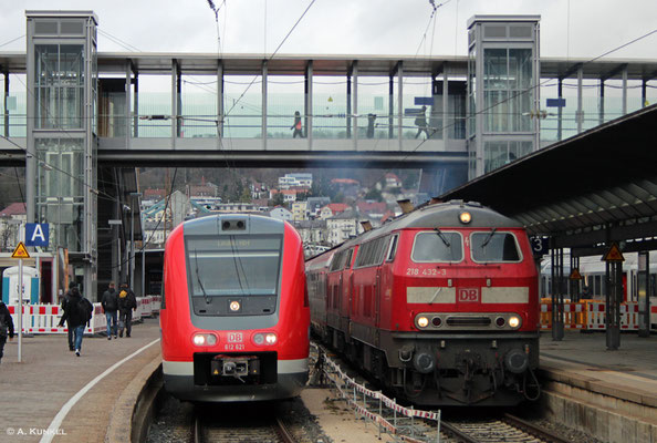 Abfahrt für IC 119 in Ulm. 612 621 muss noch etwas warten. (01. März 2019)