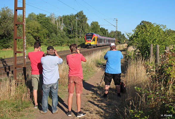 429 550 der HLB fährt am 08. juli 2018 im Vorlaufbetrieb für die HLB-Coradia auf der Linie RB58 als RB 25544 von Hanau nach Frankfurt. Bei Hanau West ist der Triebwagen ein begehrtes Fotoobjekt beim Warten auf 103 222.