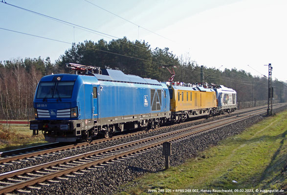 Am 09.02.2023 sind 248 105 der Press und 248 002 von RP Railsystems mehrfach als Messfahrt rund um Hanau-Rauschwald unterwegs. 